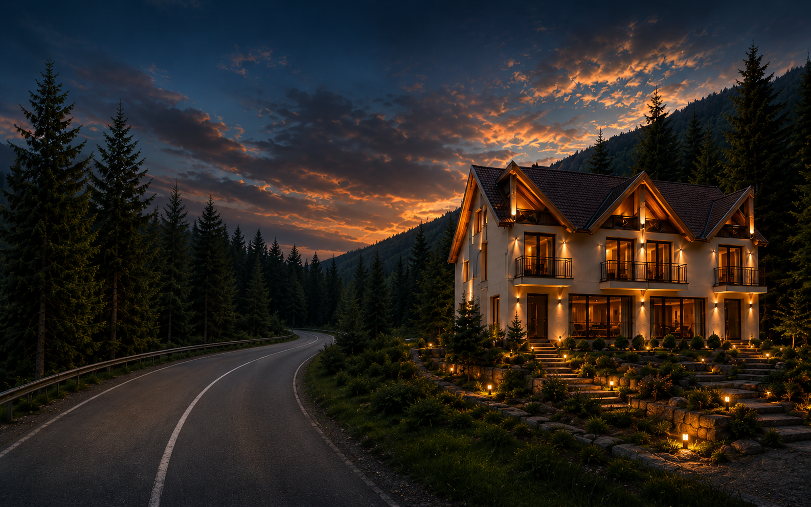 Cabana MăruGalben în decor montan la apus, fundal pentru pagina de prezentare.